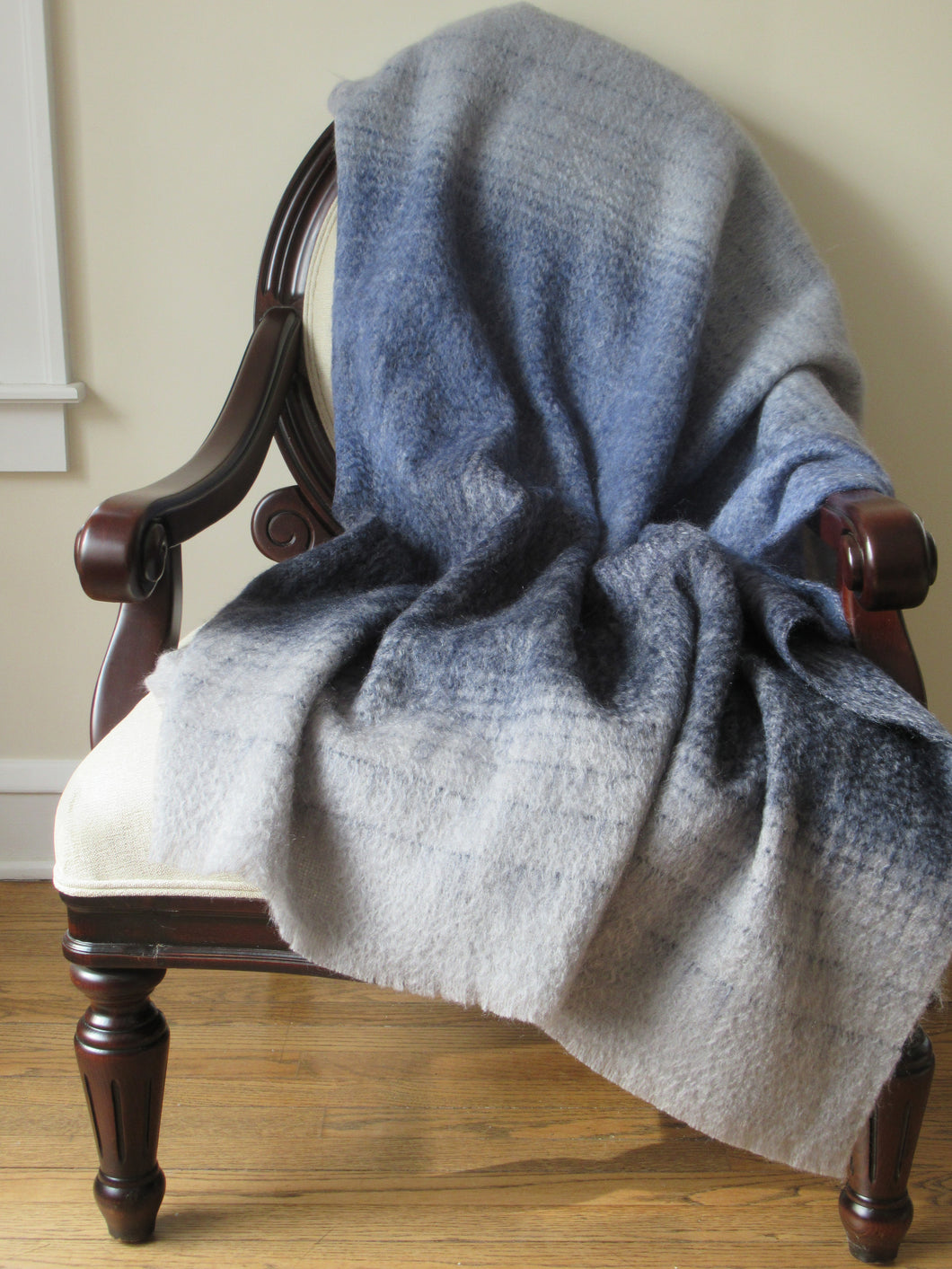 Horizontal Stripe Grey Mohair Throw with Frayed Trim