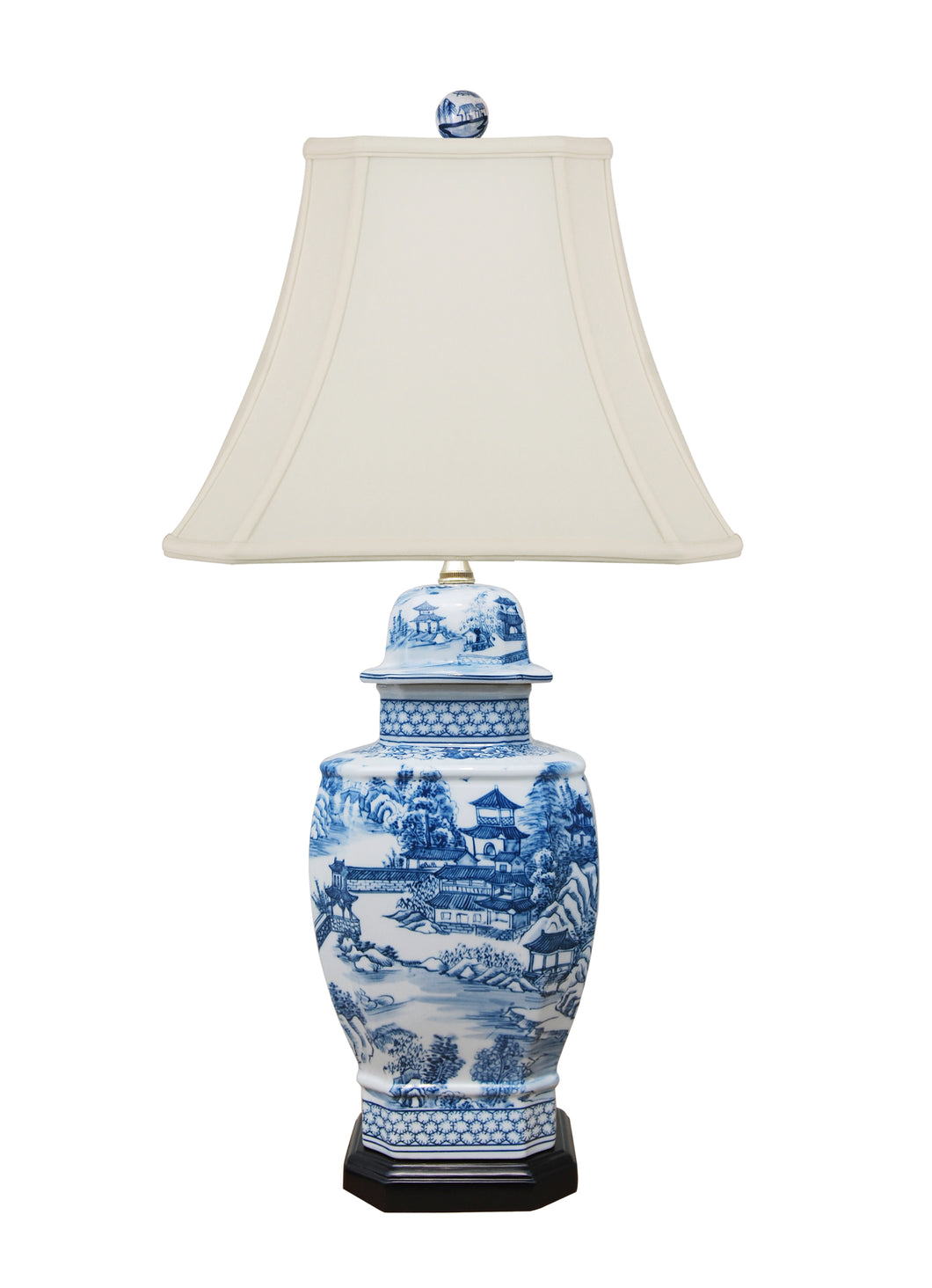 Blue and White Porcelain Chinoiserie Square Temple Table Lamp