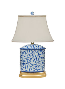Blue and White Porcelain Bamboo Oval Flat Jar Lamp with Gold Leaf Base