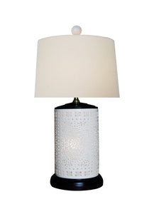 Pierced Porcelain Table Lamp with Built In Night Light and Drum Shade