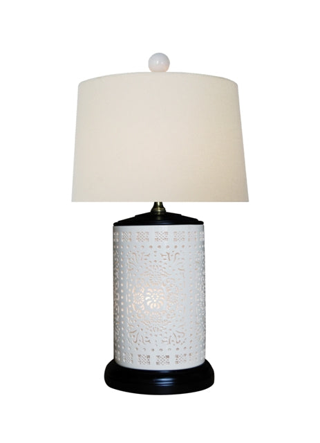 Pierced Porcelain Table Lamp with Built In Night Light and Drum Shade