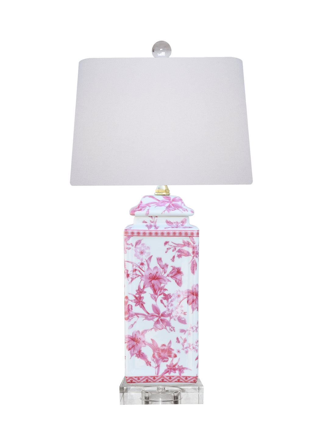 Pink Porcelain Square Cover Jar Table Lamp with Crystal Base