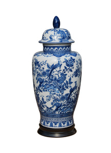 Porcelain Blue and White English Temple Jar with Base