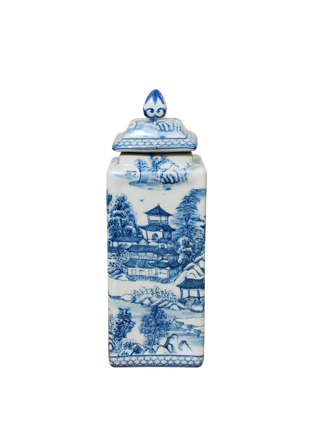 Porcelain Blue and White Chinoiserie Square Jar