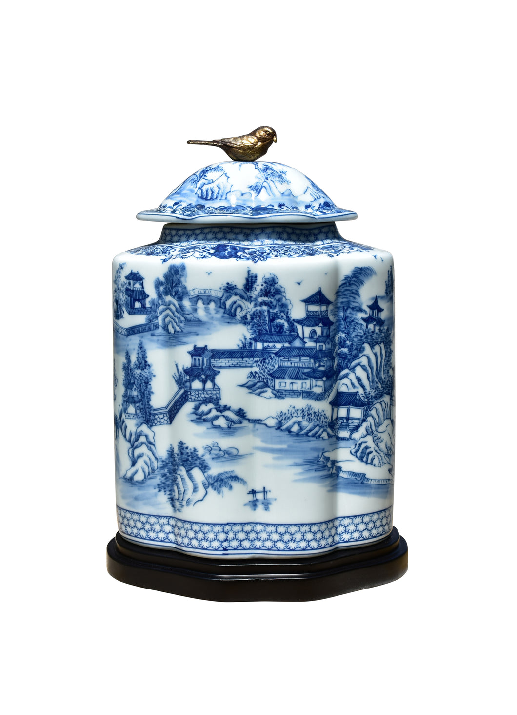 Blue and White Porcelain Chinoiserie Jar with Base