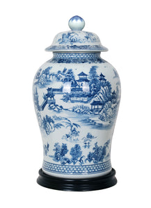 Blue and White Porcelain Chinoiserie Temple Jar