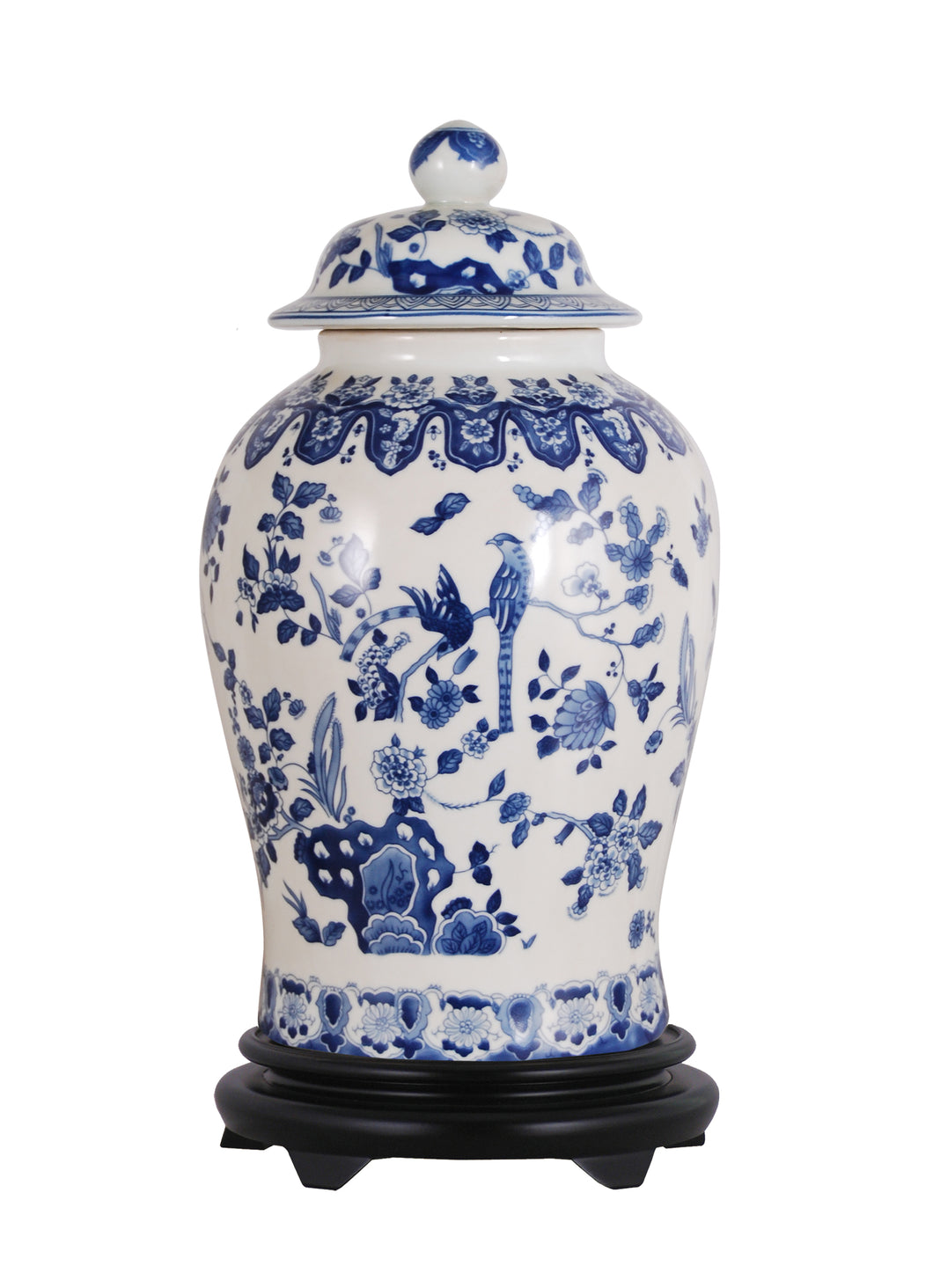 Porcelain English Blue and White Temple Jar with Base